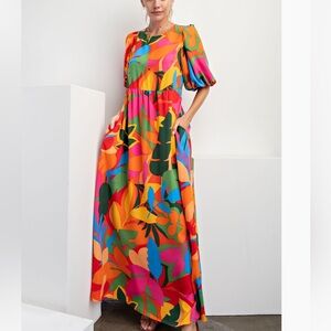 Easel LEAF PRINT WOOL PEACH MAXI DRESS